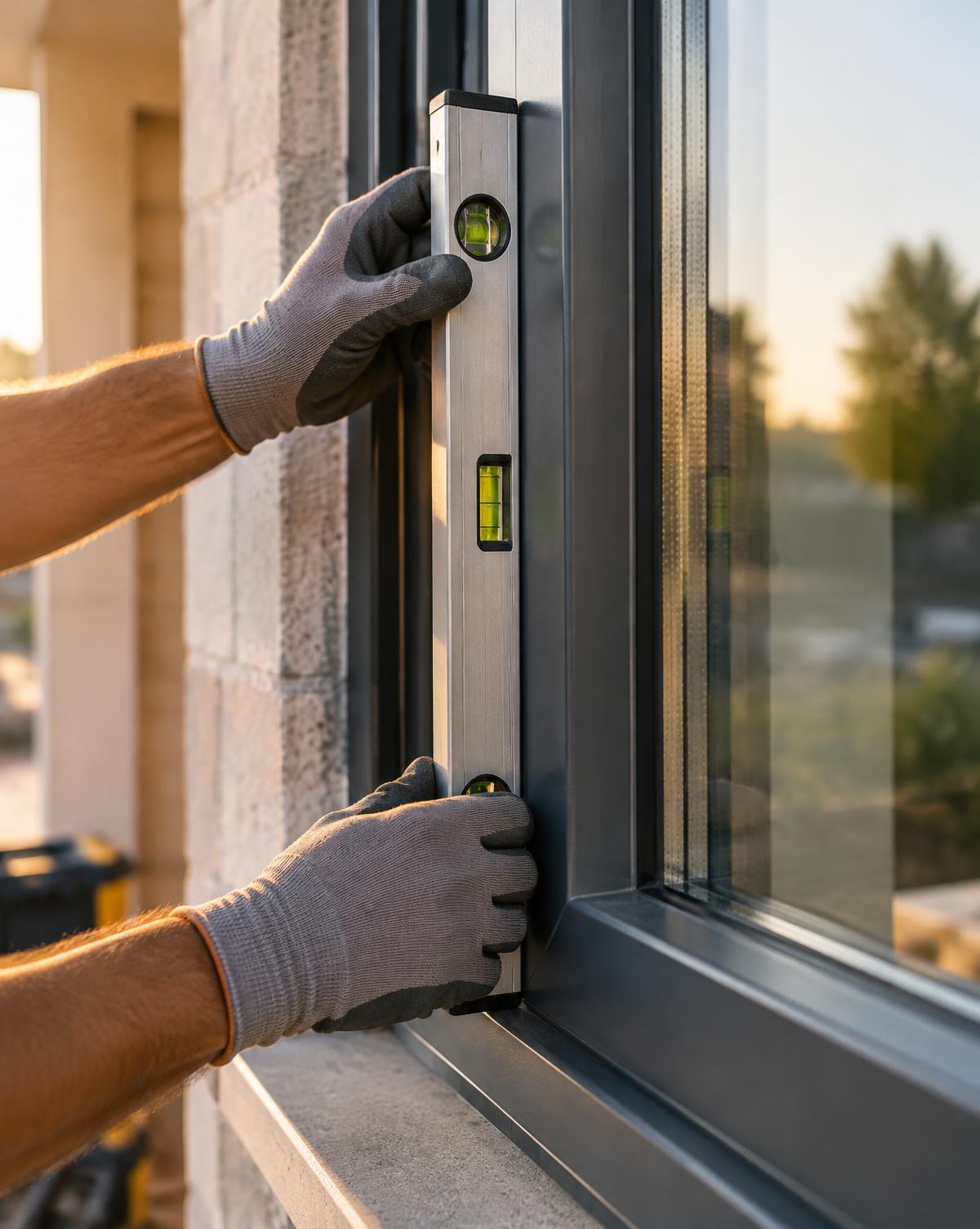 Monteur prüft einen neuen anthrazitfarbenen Fensterrahmen mit der Wasserwaage