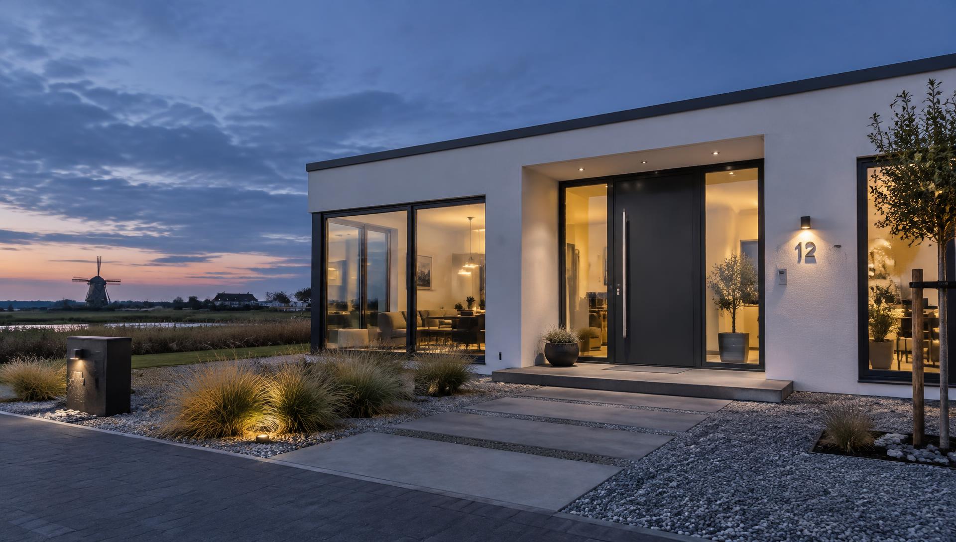 Modernes Einfamilienhaus mit großen anthrazitfarbenen Fenstern und Haustür in der Abenddämmerung
